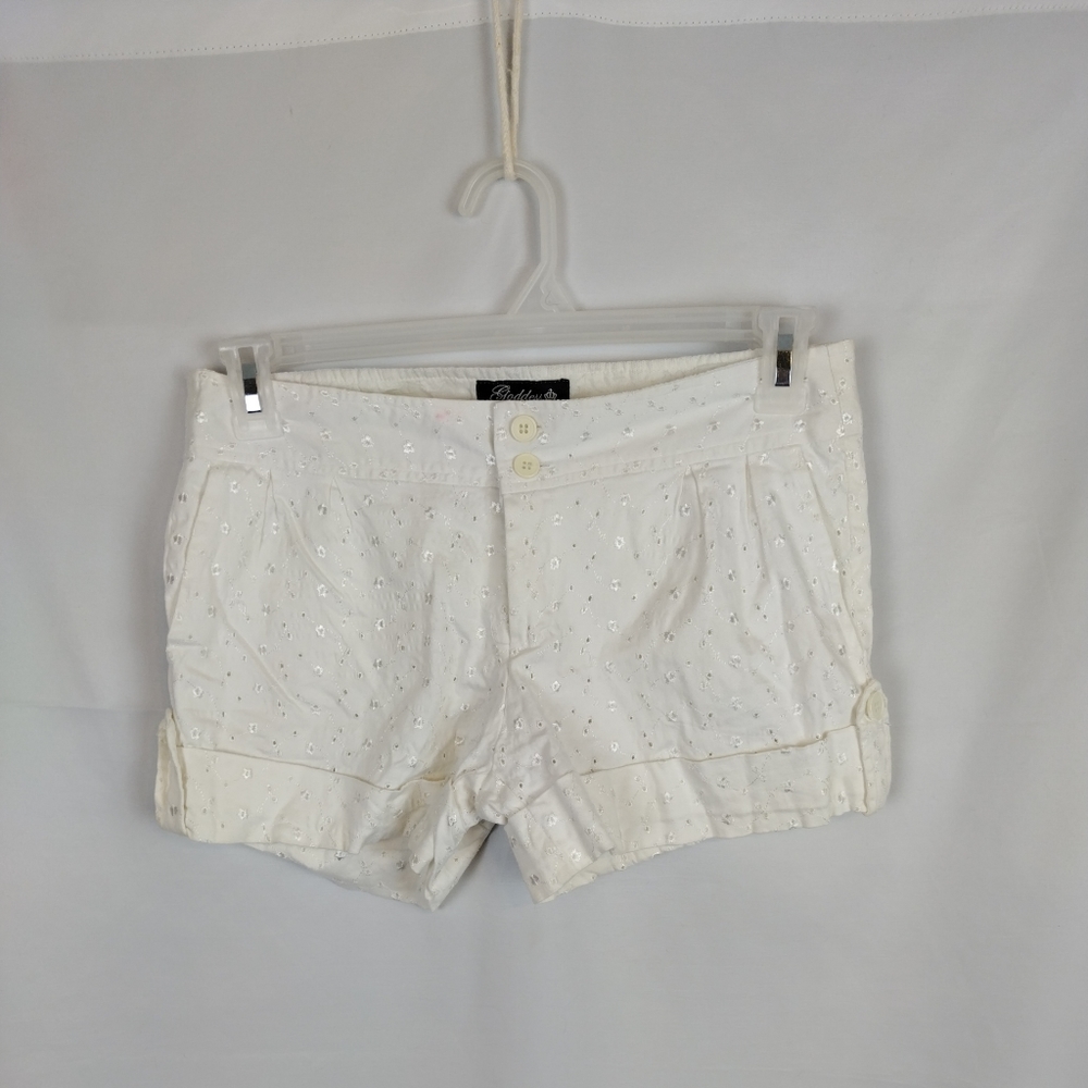 Women's junior size 9 White EYELET lace Shorts cuffed zipper pockets